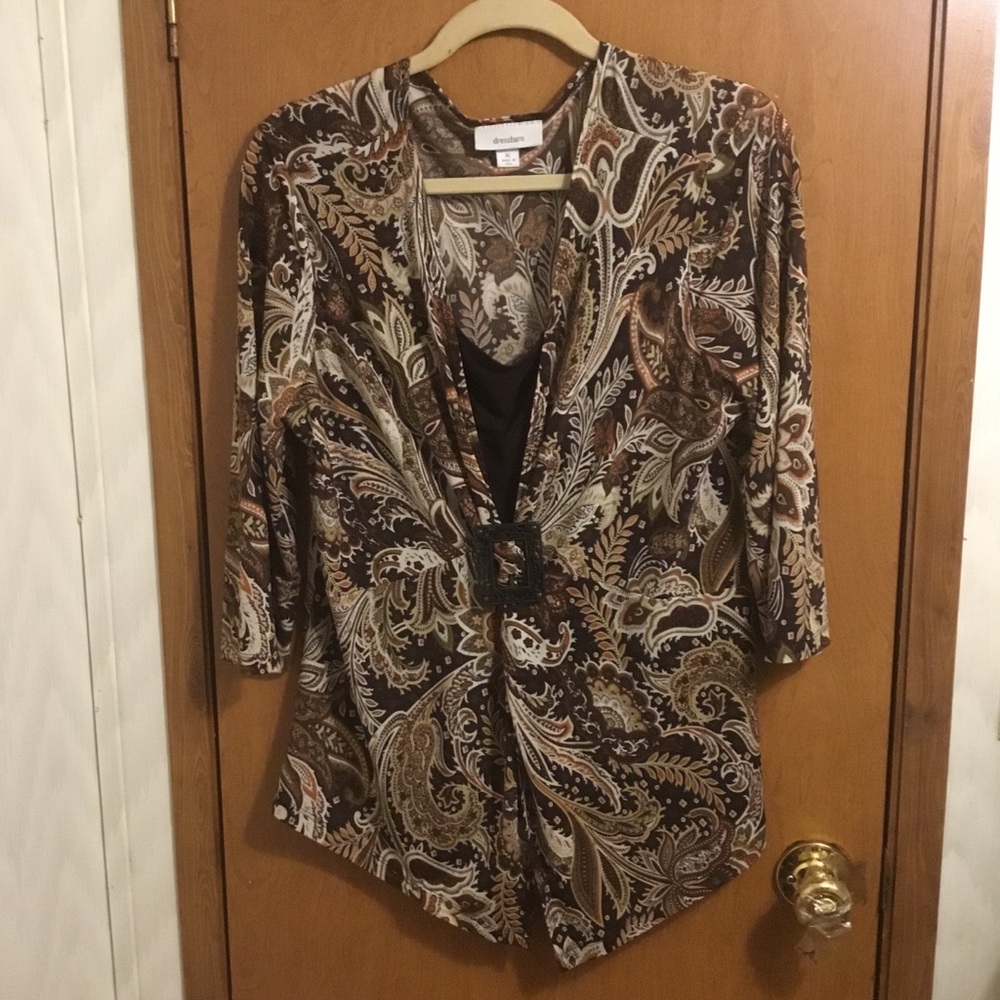 Dress Barn Brown Buckle Paisley V-Neck Tunic Top Blouse XL